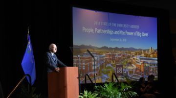 President Marc Johnson delivers the State of the University Address on Sept. 26, 2018.