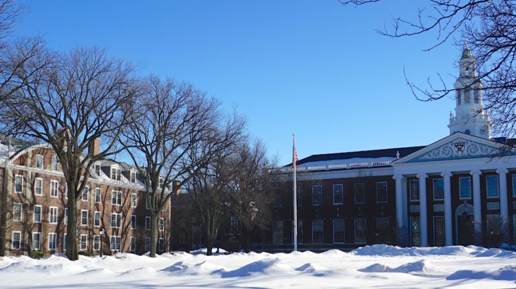 Building at Harvard University covered in snow.