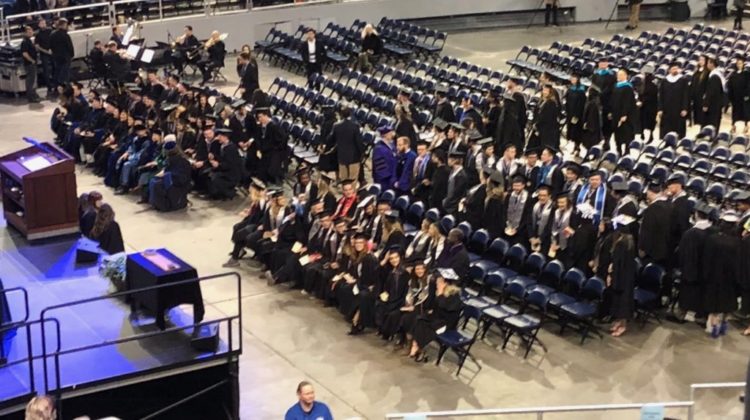 University of Nevada, Reno graduates sit in Lawlor Events Center before their winter commencement on Dec. 8, 2019.