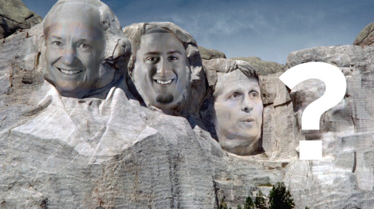 Photo edit of Mount Rushmore featuring the faces of Chris Ault, Colin Kaepernick and Eric Musselman.