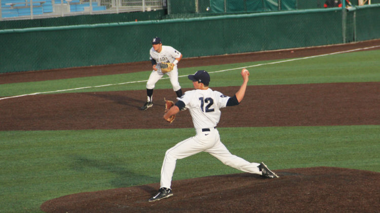 Nevada pitcher Grant Ford throws a pitch.