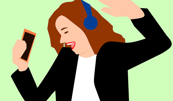 Graphic of woman listening to music on her phone and dancing.