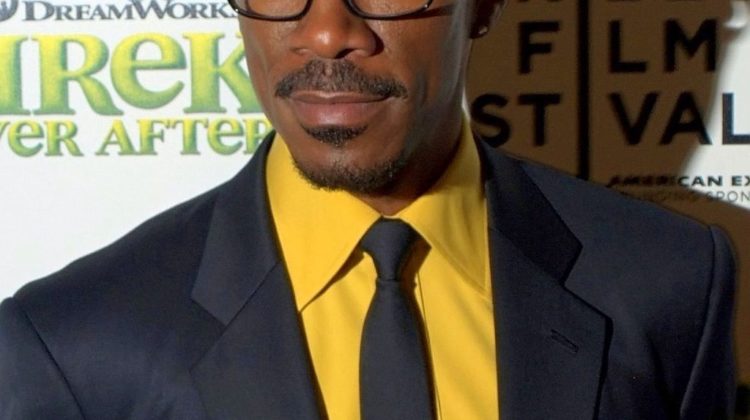 Man in a black tuxedo jacket with a black tie, yellow button-up shirt and black glasses in front of a backdrop that says "Tribeca Film Festival" and "Shrek Ever After"