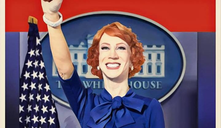 Woman with short red hair and blue button-up shirt with fist in the air standing at a podium, there's a White House logo and red, white and blue flag behind her, the name "Kathy Griffin" is at the top of the page and the words "A Hell Of A Story" are placed across the podium