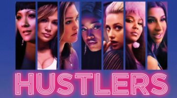 A movie poster that shows the faces of seven women in rectangles in front of a blue background. The word "Hustlers" in pink is spread across the bottom half of the picture.