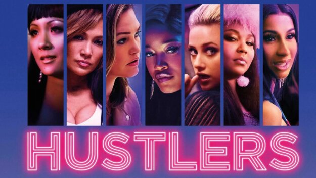 A movie poster that shows the faces of seven women in rectangles in front of a blue background. The word "Hustlers" in pink is spread across the bottom half of the picture.