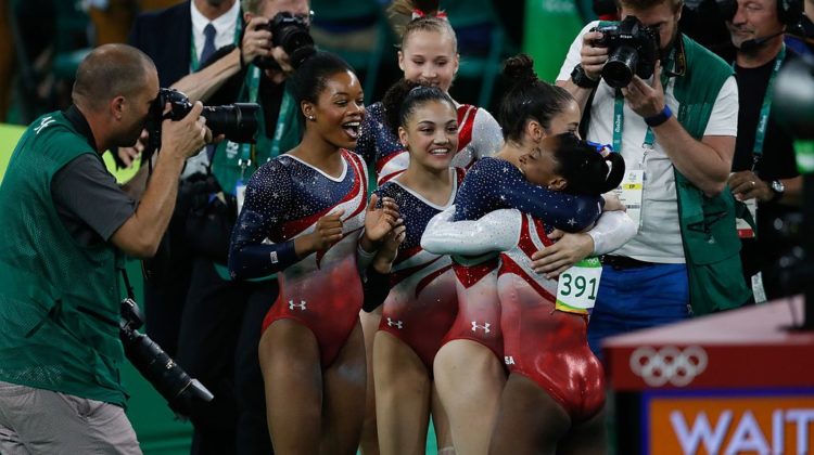 USA gymnastics team celebrating