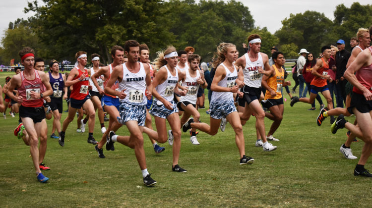 Three members of the Nevada men's cross country program run in a field while surrounded by runners from various other colleges and universities. Each Nevada runner is wearing a white jersey with blue and white shorts. A paper flyer is pined to their jerseys with various numbers written across each.