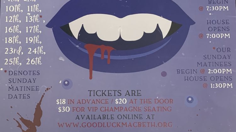 Purple promotional poster for a play. The words "Let the Right One In" in dark purple are written on the top, dates of showings are written on the left and times are written on the right. The ticket prices are written on the bottom half. Right in the middle, there is a graphic of a mouth with fangs and blood coming out. There are red blood splatters throughout the page.