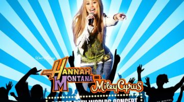 Miley Cyrus, as her character Hannah Montana, wears a blond wig paired with a white jacket and green shirt. She is pointing to the crowd with a mic in hand in front of a blue and light blue striped background. The title of the movie "Hannah Montana and Miley Cyrus: Best of Both Worlds Concert." is written on the bottom half of the screen.