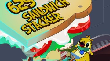 Logo for Disney Channel's "625 Sandwich Stacker" game. A yellow creature by the name of Reuben holds a super tall sandwich. Reuben has his tongue out.