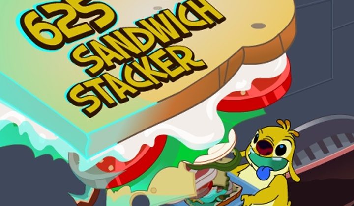 Logo for Disney Channel's "625 Sandwich Stacker" game. A yellow creature by the name of Reuben holds a super tall sandwich. Reuben has his tongue out.