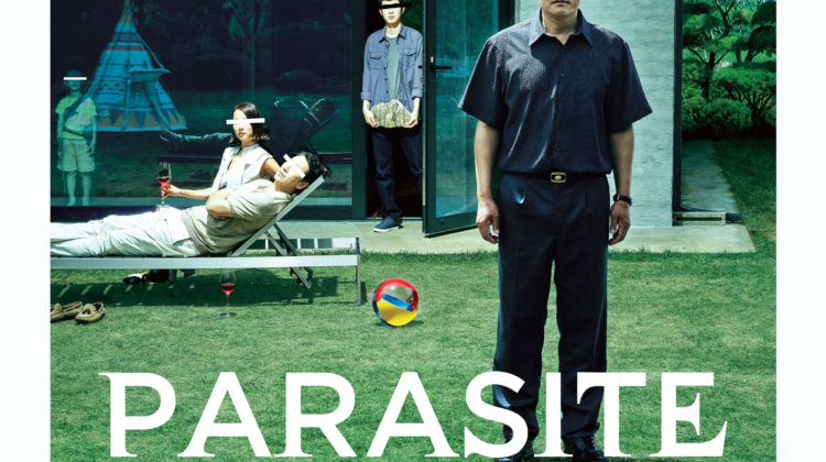 Movie poster for "Parasite." One man is standing on green grass with another man that is standing behind him on the left.