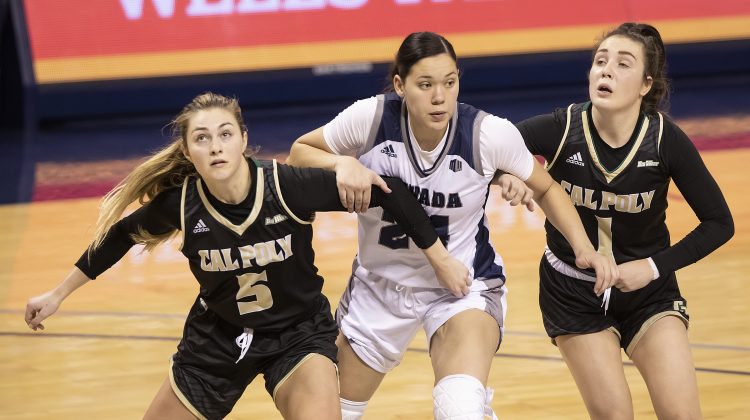 Nevada women's basketball player, Dom Phillips, engages with two Cal Poly players during a game. Phillips is wearing an all white uniform with blue accents, while the Cal Poly players are wearing all black, with gold accents.