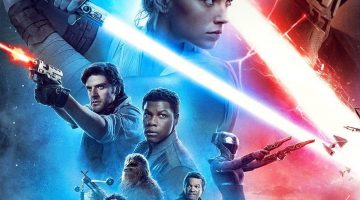 "Star Wars" movie poster. Picture of Rey holding a blue lightsaber, Kylo Ren holding a red lightsaber. A smaller picture of other characters holding guns.