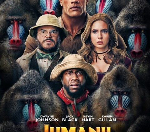 Dwayne "The Rock" Johnson, Kevin Hart, Jack Black, and Karen Gillan's face surrounding a crew of monkeys.