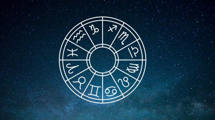 The 12 zodiac signs floating in the sky on a wheel.