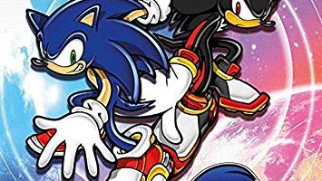 Sonic the Hedgehog (blue) and Shadow the Hedgehog (red and black) are pictured side by side. The title "Sonic Adventure 2" is written across the bottom.