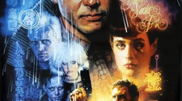A comic book like movie poster that includes eight characters. Some appear bigger than others. The title "Blade Runner" is shown across the top of the poster in red.