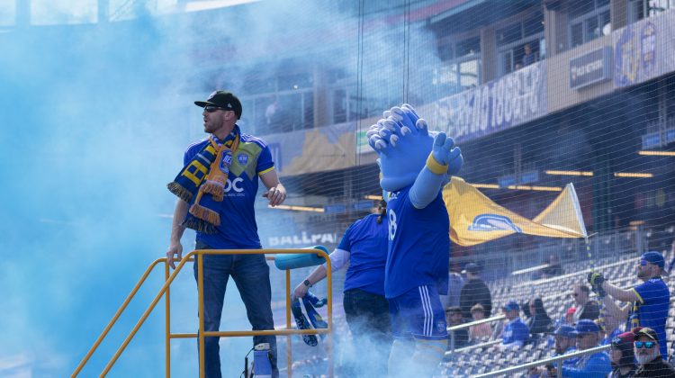 A member of the "Blue Brigade" hypes up the 1868 crowd prior to the teams match versus San Diego Loyal SC. The "Blue Brigade" is the die-hard fan section for the 1868 FC.