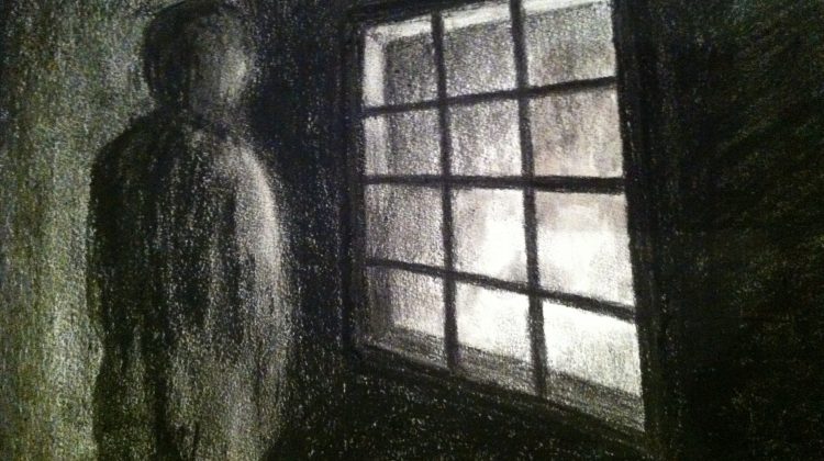 Artwork depicting a person looking out a window in isolation