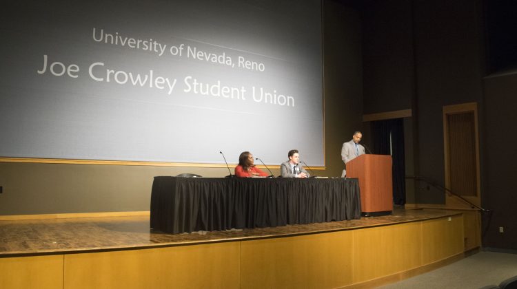 ASUN presidential candidates Dominque Hall and Andrew McKinney at the primary election debates in the Joe Crowley Student Union Theatre on March 2.