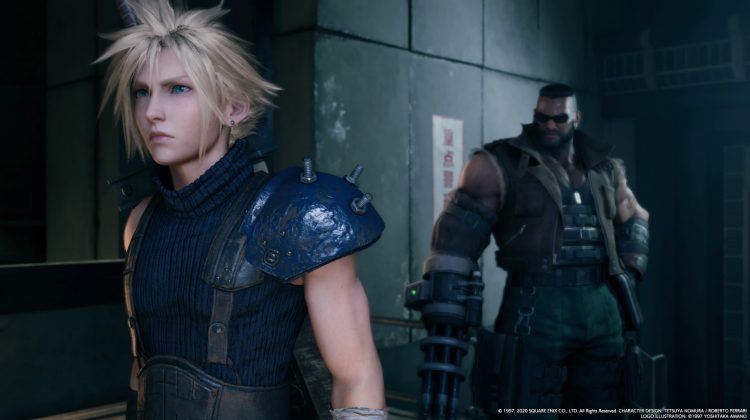 A video game character with blonde, spiky hair and a blue armored suit stands in front of another character with black sunglasses and a robotic arm.