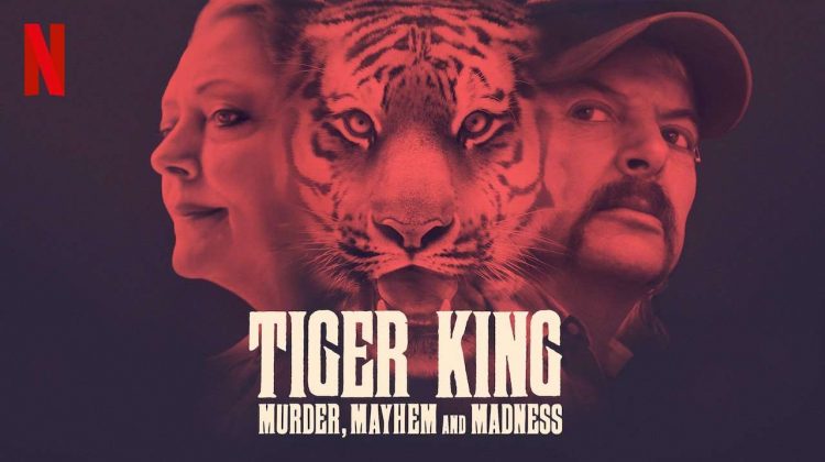 From left to right: cutouts of a woman's face, a tiger's face and a man's face all colored in red. The title "Tiger King: Murder, Mayhem and Madness" is written underneath the heads on the bottom of the picture.