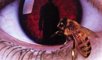 Movie poster for "Candyman." A big brown-colored eye is in the center of the picture with a bumble bee on top of it. There's also a silhouette of a man where the pupil is supposed to be.