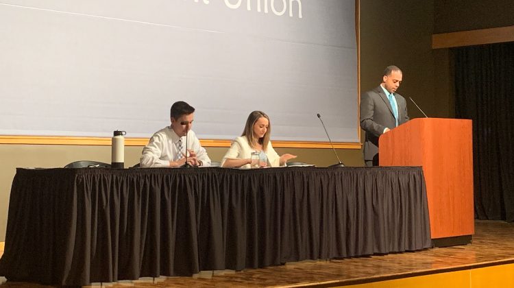 Vice presidential candidates Austin Brown and Claudia Feil answered questions during the debate on Monday, Mar. 9 at 7:30 p.m. in the Joe Crowley Student Union.
