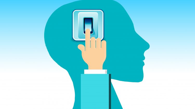 A graphic of a hand interacting with a lightswitch on the side of someone's head, as if to turn their brain off