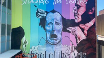 Rafael Blanco's mural, "Stimulate the Senses," located in the interior courtyard of the Church Fine Arts Building