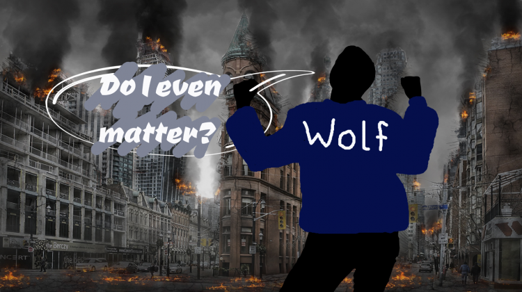 A man in a "WOLF" sweater asks, "Do I even matter?"