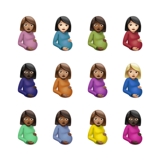 Twelve emojis of pregnant women of all different ethnicities, wearing different long sleeve shirt colors, holding their stomachs with white background.