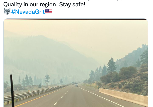 Tweet from Coach Norvell explaining the bad air quality in Reno. Also a picture of the smoke on the drive to Stanford.