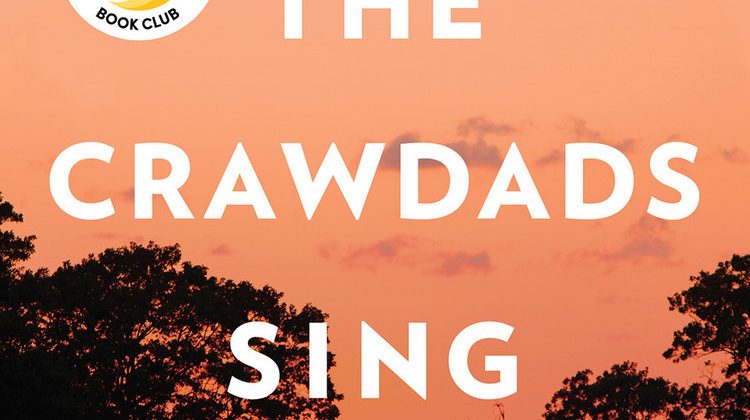 Image of the marsh, with marsh water in blue surrounded by shadowed black trees in orange sunset background with title "Where the Crawdads Sing" over and author's name, "Delia Owens" below. Also includes yellow and white sticker that says "Reese's Book Club".