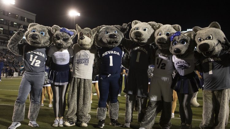 Nevada wolf mascots stand together.