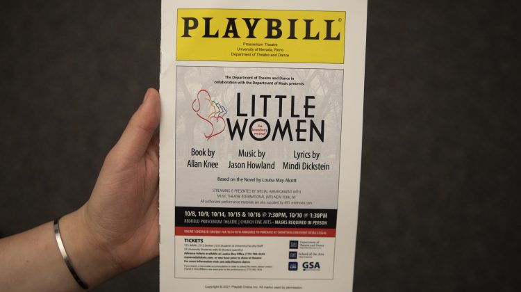 A picture of the playbill for the university's performance "Little Women". It has a yellow box with "PLAYBILL" in black letters and the basic image of the Broadway cover of "Little Women" with more information in an assortment of boxes and colors below.