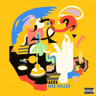 A yellow background with the album title and artist's name on the front, with a bunch of random designs and colors.