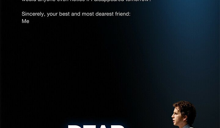 A boy looking into the dark background behind the words "Dear Evan Hansen" in blue and white with written words in small white font at the top.