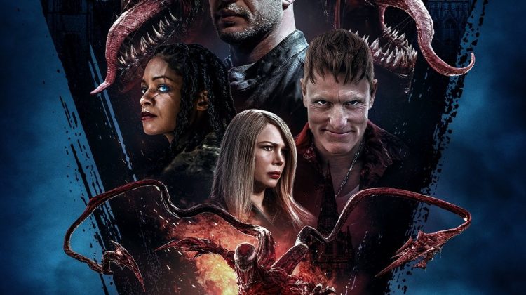 An image of the four main characters from "Venom" including the Venom monster at the bottom in all its glory in front of a yellow light.