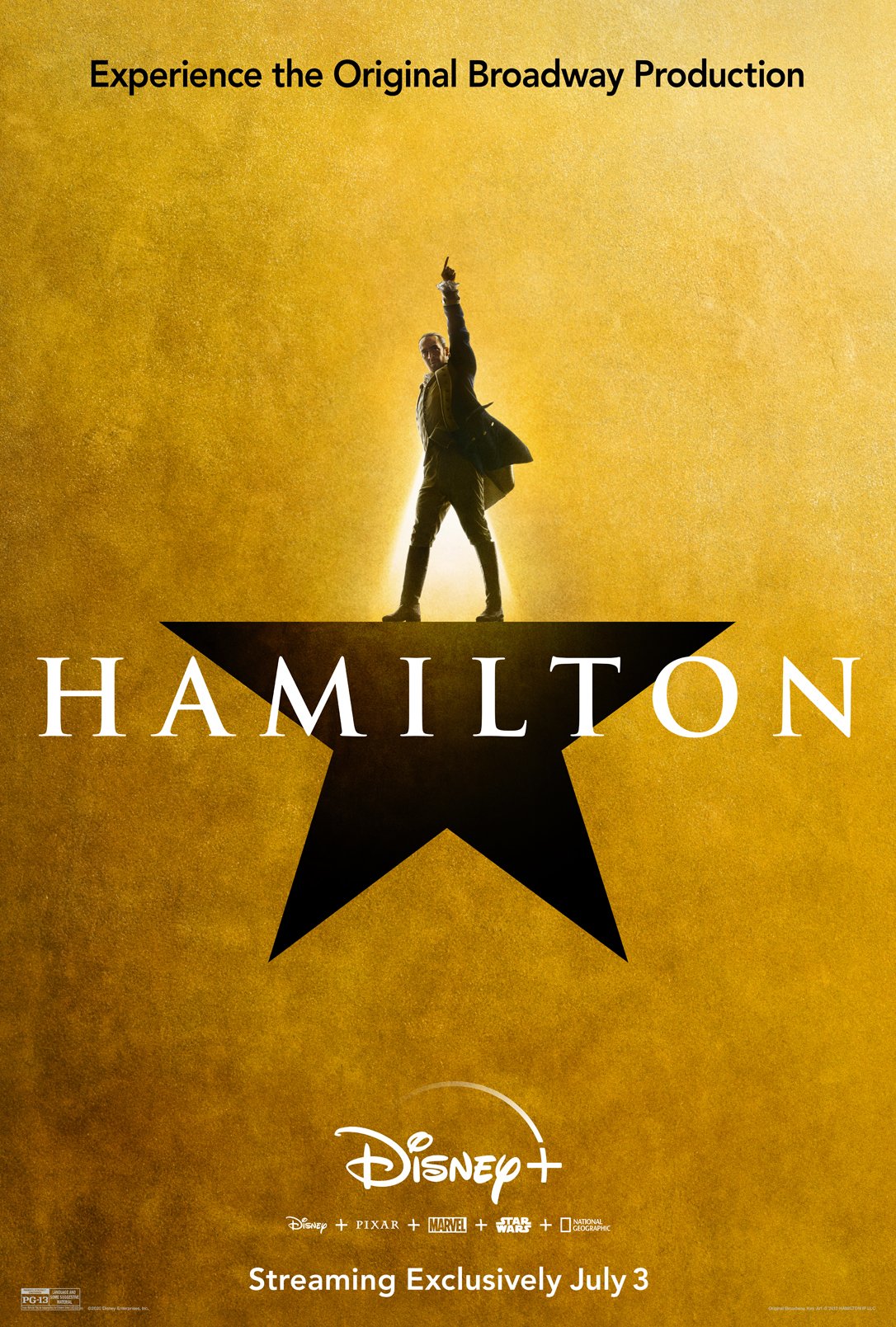A shadow figure standing on black star with a gold background. The word "Hamilton" is in white in the center of the picture.