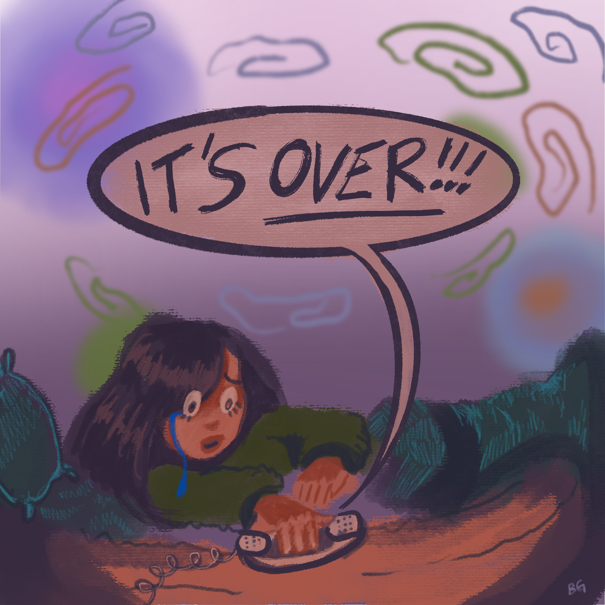 A young girl has a tear dripping from her face as she holds her telephone while the words "It's Over!!!" is in a speech bubble above her.