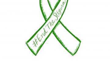 A white background with the green outlined ribbon drawn to say #EndTheStigma in the middle.