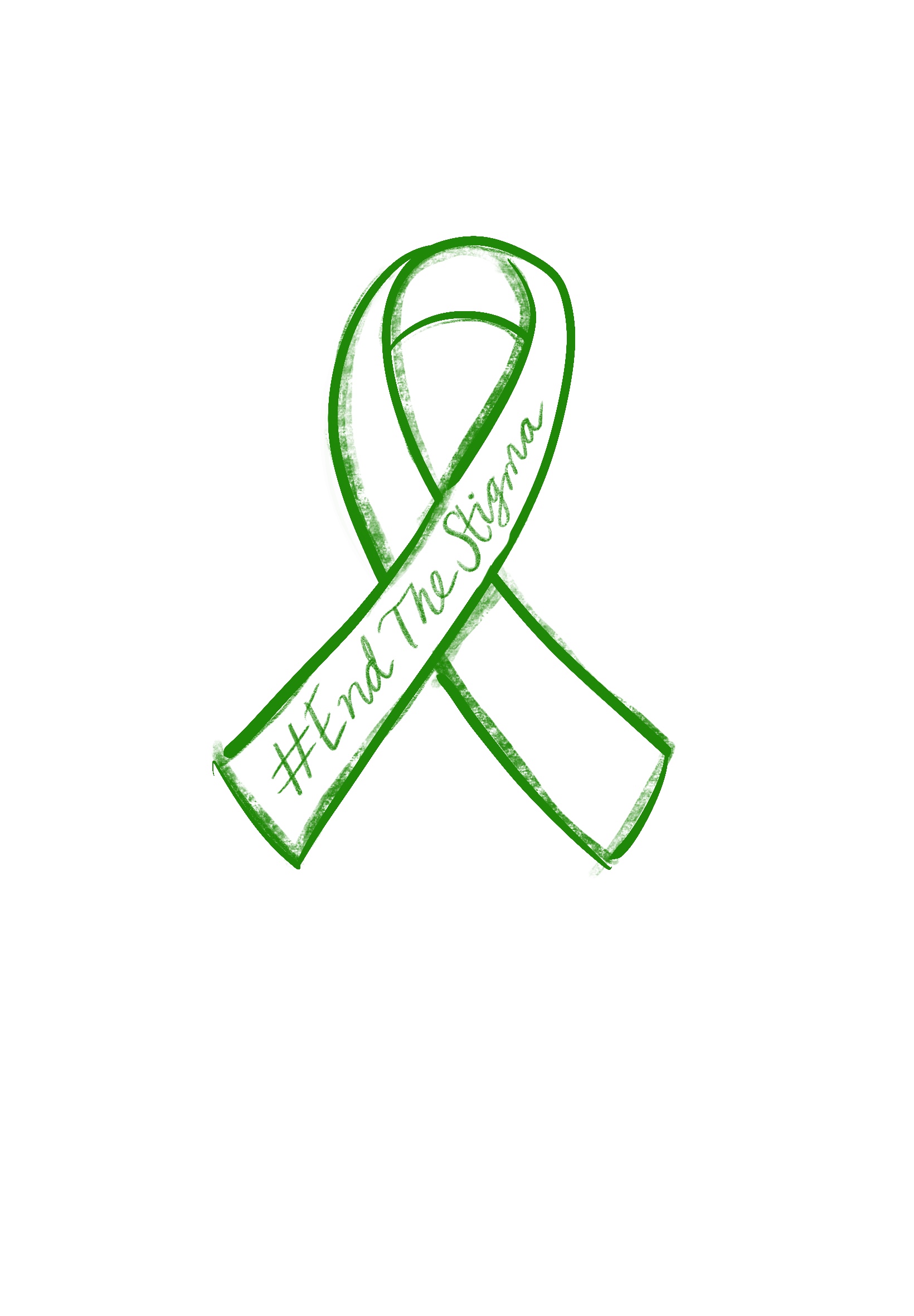 A white background with the green outlined ribbon drawn to say #EndTheStigma in the middle.